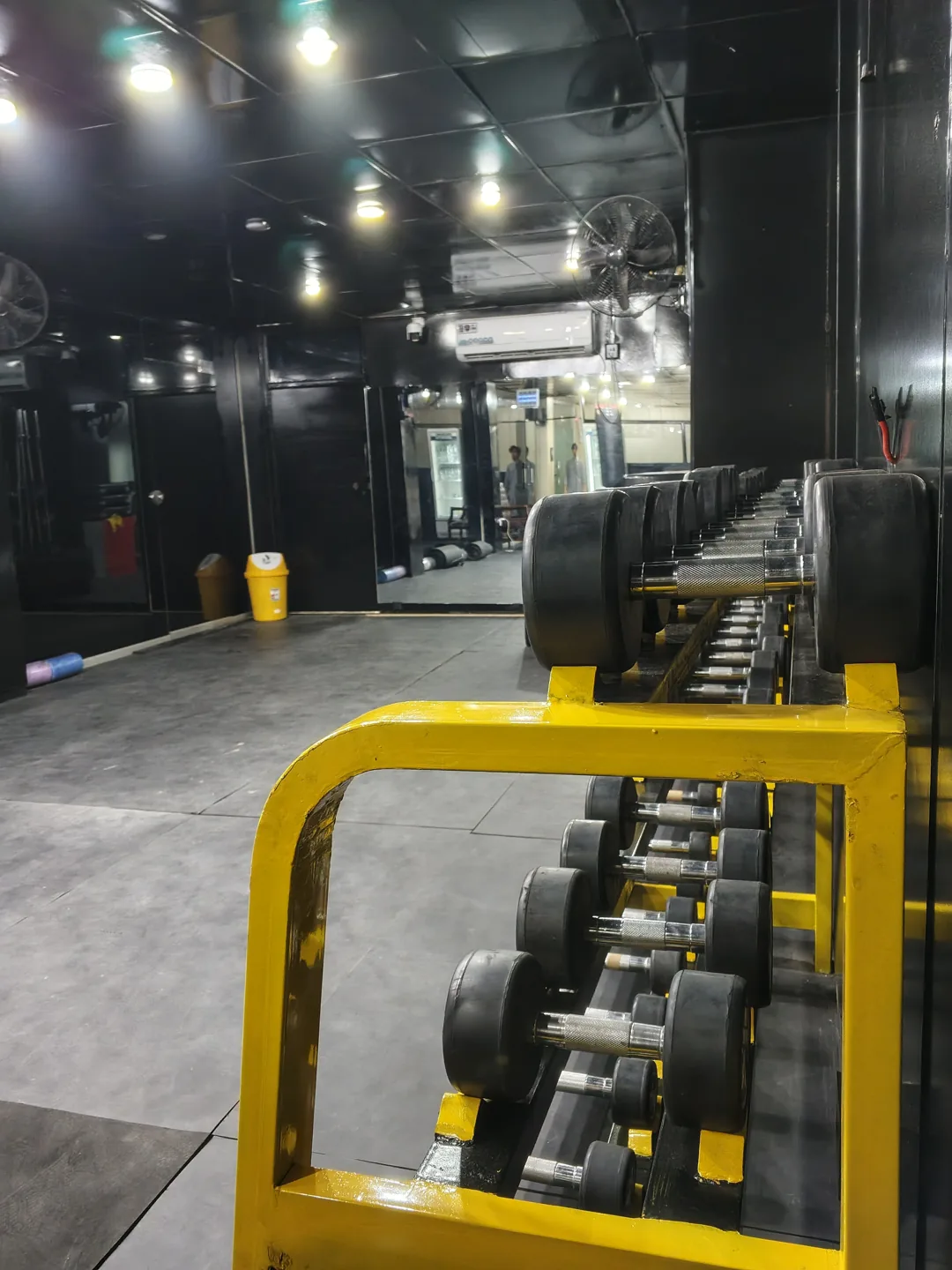 Dumbbells on the yellow rack at SyK Fitness Studio