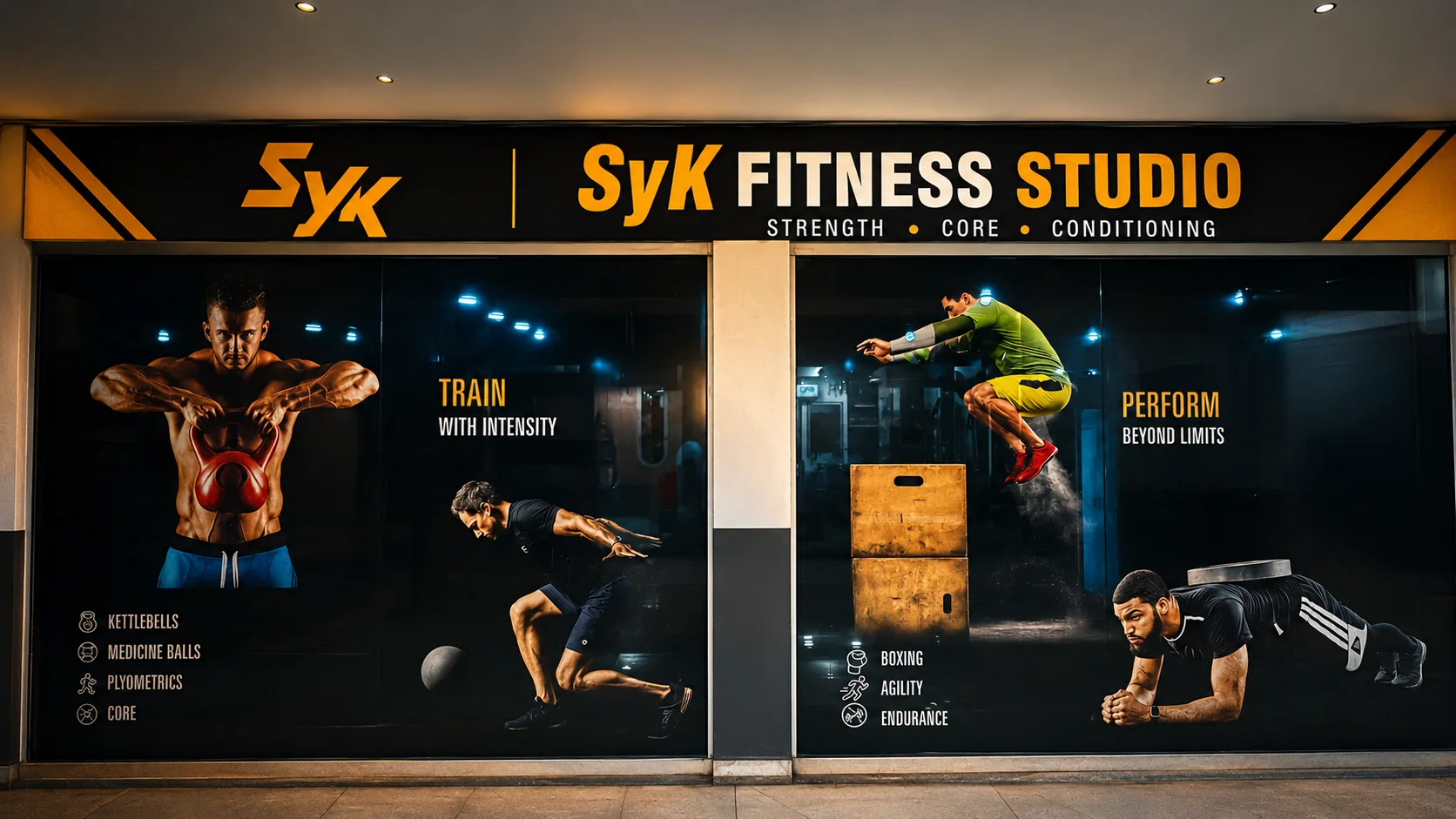 SyK Fitness Studio signage and branded storefront